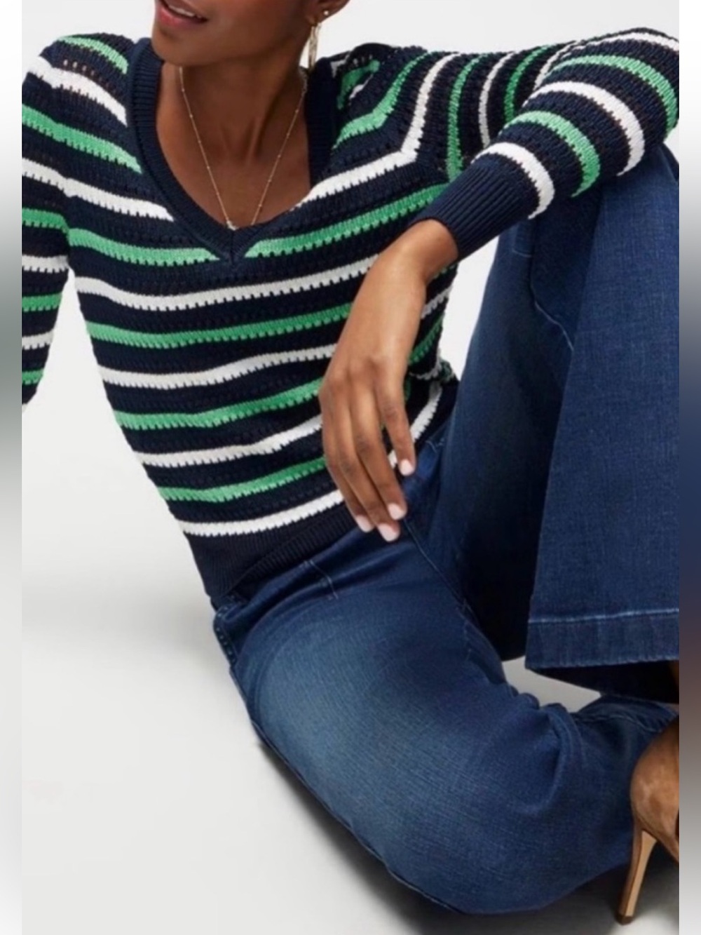 White House Black Market Navy, White & Green Striped Open-Knit Sweater